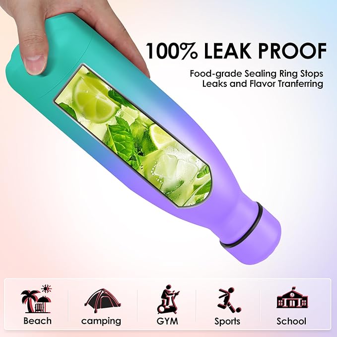 25oz Cola-Bottle Shaped Stainless Steel Leak-proof Water Bottle,Double Wall Vacuum Insulated Metal,Travel Mug For Sports Indoors & Outdoors,BPA-Free Kids Flasks,Purple Green(1 Pack)