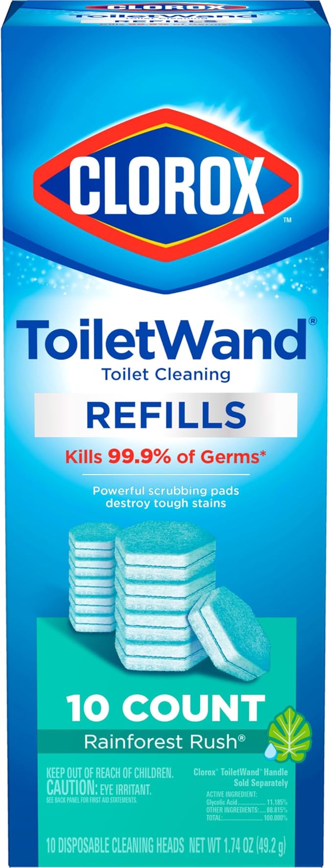 CLOROX ToiletWand, Disinfecting Wand Refill Heads - Rainforest Rush, 10 Count (Package May Vary) (Pack of 6)