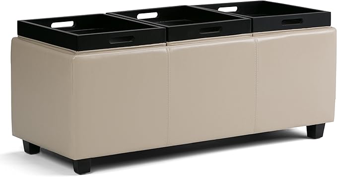 SIMPLIHOME Avalon 42 inch Wide Contemporary Rectangle Storage Ottoman in Satin Cream Vegan Faux Leather, Assembled, for the Living Room, Entryway and Family Room