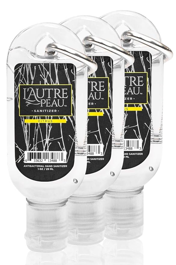 Travel Hand Sanitizer Gel with Aloe Vera & Vitamin E Made by L’AUTRE PEAU - Citrus Scented Alcohol Based Liquid Instant Hand Cleaner Pocket Sanitizer with Carabiner Clip (1oz 3 Pack)