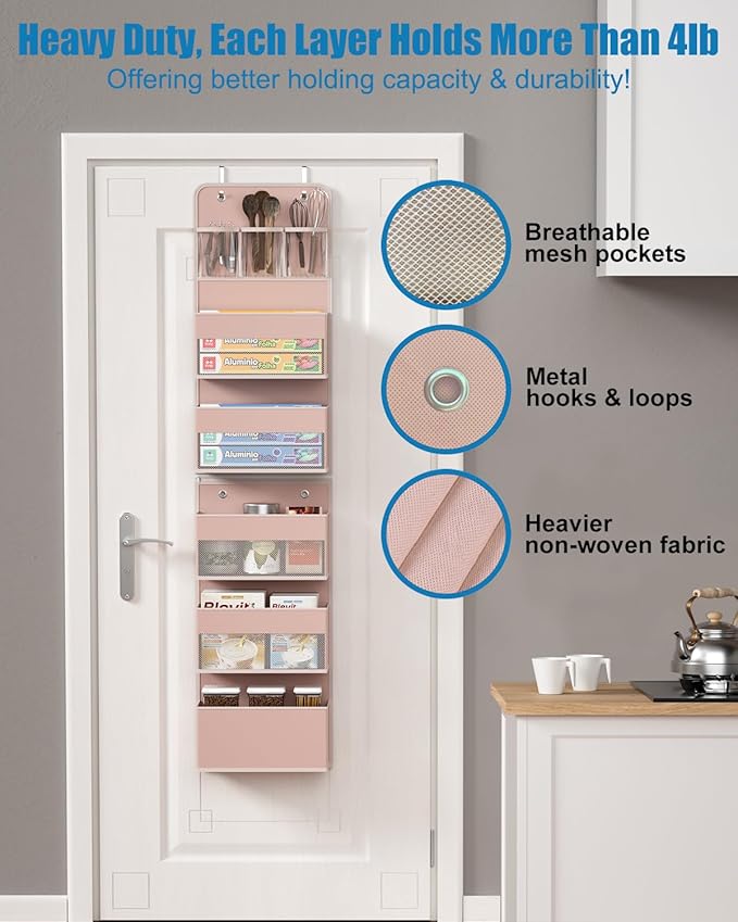 Closet Organizers and Storage, Over The Door Organizer, 6 Shelf Camper Storage, Behind The Door Storage Organizer, Wall Mount Back of Door Hanging Organizers (Pink)