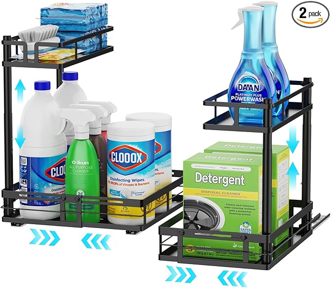 iSPECLE Under Sink Organizer - 2 Pack Under Kitchen Sink Pull Out Organizer Expandable Width Add Storage Space, Adjustable Height Easy Get Items, Under Sink Storage No Drilling Slide Smoothly