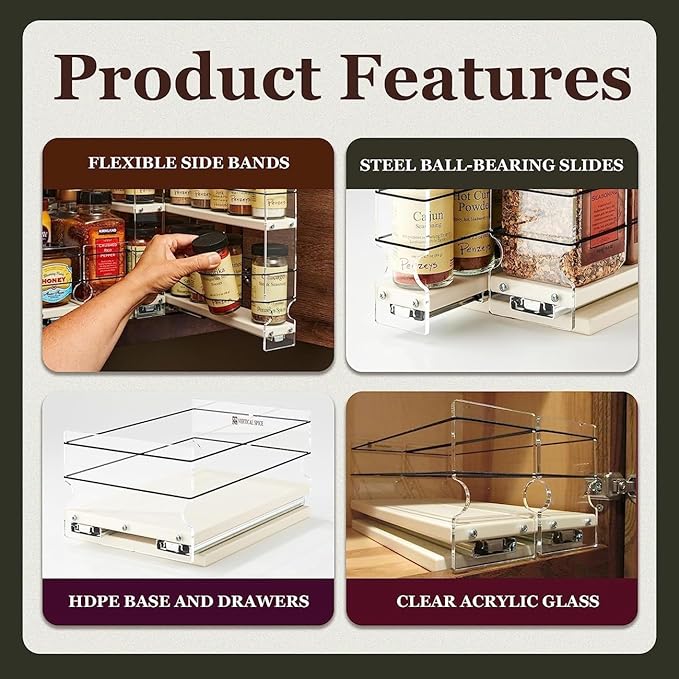Vertical Spice Combo Spice Rack Drawer - Pull Out Pantry Organizers and Storage - Kitchen Cabinet Organizer - Seasoning Sliding Caddy - Made in USA (5.75" W x 9.25" H x 10.60" D, Partially Assembled)