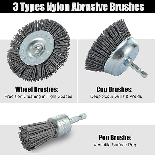 MAXMAN Nylon Drill Brush Set for Rust Removal - 9 Pack Abrasive Wheel & Cup Brush Attachments, 1/4" Hex Shank, Remove Paint & Corrosion from Metal, Wood - Heavy Duty Tools for Drills & Impact Drivers
