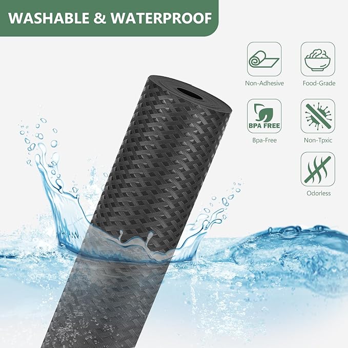 Shelf Liners, Non-Adhesive Drawer Liner, Waterproof & Oil-Proof Kitchen Cabinet Cupboard Liner Plastic EVA Material BPA Free Fridge Liner Mats Paper Protector for Shelves (Black/20in x 240in)