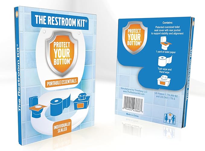 The Restroom Kit Great for travel (12-Pack) Portable Disposable Oversized Toilet Seat Cover, 3ft 3Ply Toilet Paper, Hand & Flushable Tush Wipe.