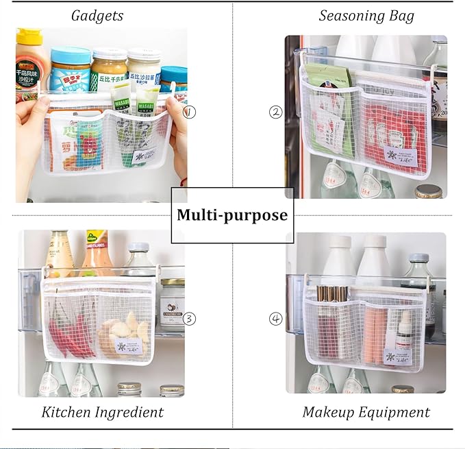 3PCS Refrigerator Door Organizer Set, Fridge Hanging Mesh Bag for Kitchen Storage Bag, Household Sundries Sorting Bag Used to Refrigerator Side Door, Only for Small Objects Containers (White)
