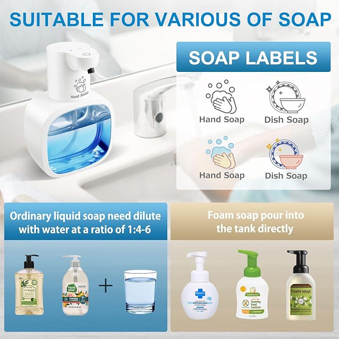 Automatic Foaming Soap Dispenser with 500ml/17oz Capacity, Touchless Soap Dispenser with 4 Level Adjustable, Rechargeable, Wall-Mounted, Waterproof for Kitchen, Bathroom, Hotel, Restaurant