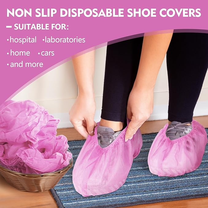 Zhanmai 300 Pack Disposable Shoe Covers Non Slip Disposable Large Foot Booties Shoe Covers for Indoors Contractors Floor and Carpet Protectors, One Size Fits Most(Pink)