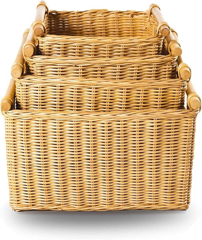 The Basket Lady Deep Pole Handle Wicker Storage Basket, Extra Large, 17.5 in L x 18 in W x 11.5 in H, Sandstone