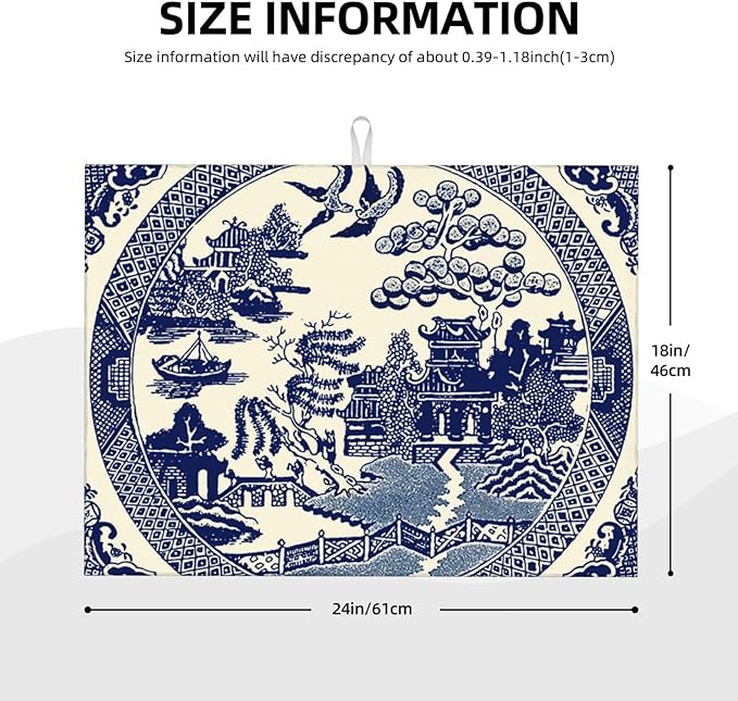 Dish Drying Mat For Kitchen Counter Absorbent Dish Mat Reversible Drainer Drying Kitchen Mat (Oriental Style Chinese Blue Willow, 24X18)