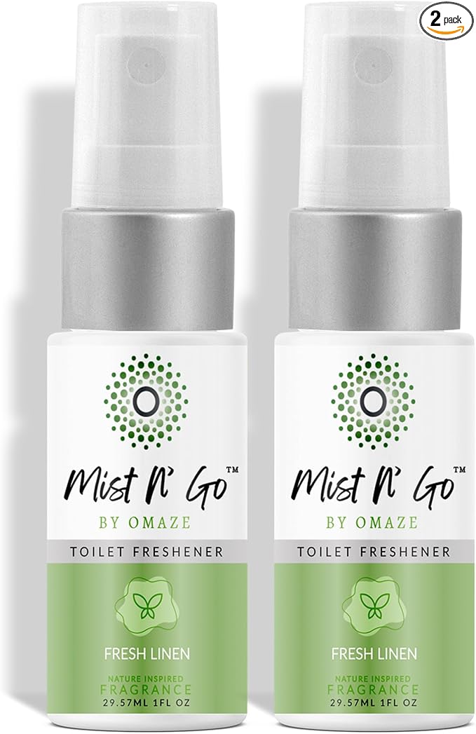 Mist N' Go by Omaze Travel Bathroom Spray - Toilet Odor Eliminator & Air Freshener - Fresh Linen (1oz x2)