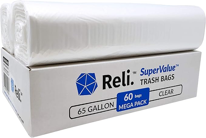 Reli. SuperValue 65 Gallon Trash Bags | 60 Count | Made in USA | Heavy Duty | Clear Multi-Use Garbage Bags
