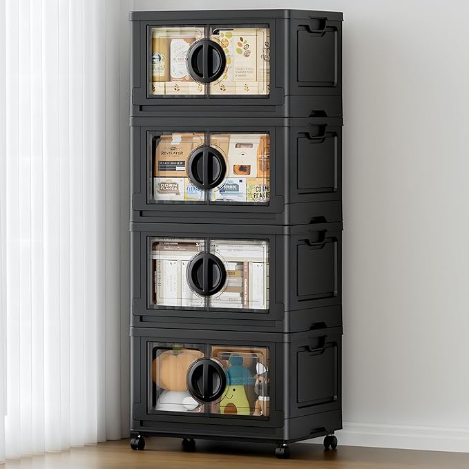 JEKO&JEKO 332Qt Lockable Stackable Storage Bins with Lids, Collapsible Closet Organizer with Wheels, Plastic Cabinet Drawer for Clothes, Dorm Room 4 Pack (Black)