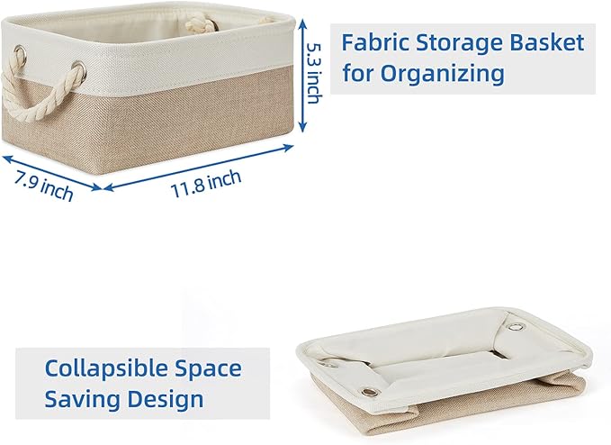 Temary Small Fabric Storage Baskets 6 Pcs Decorative Baskets Bins for Gifts Empty Foldable Storage Basket with Handles for Organizing Shelf, Towels (White&Khaki,11.8 L x 7.9 W x 5.3 H inches)