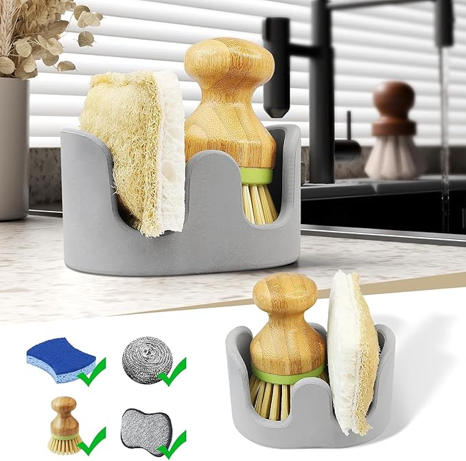 Double Sponge Holder, 2 Slots Diatomite Stone Sponge Holder, Absorbent Sponge Stand for Kitchen Sink, Quick Dry Dish Brush Holder Kitchen Sink Organizer, Gray