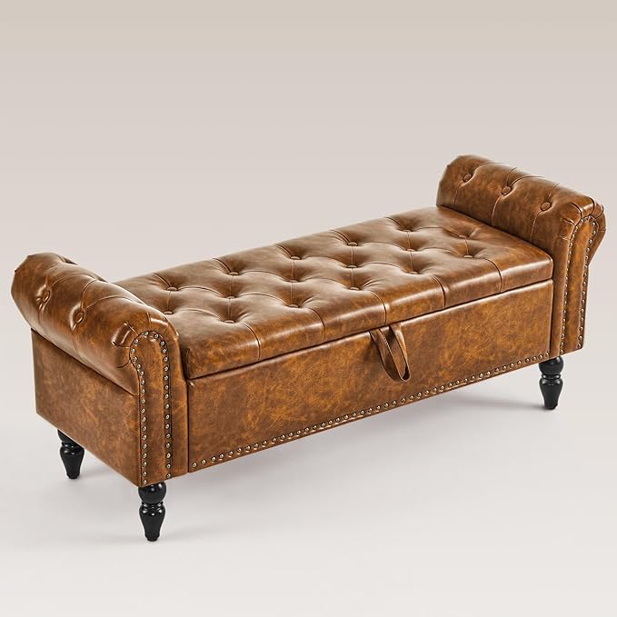 Furnimart Storage Bedroom Bench for End of Bed, Faux Leather Upholstered Storage Ottoman with Rolled Arms for Bedroom,Living Room, Entryway, 2.5Cubic Feet