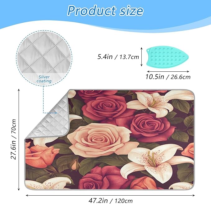 Roses and Lily Flowers Ironing Mat Thickened Ironing Blanket Travel Portable Double-Side Using Ironing Pad Travel Isolate Heat Pad Cover for Washer Dryer Table Top Countertop 27.6x47.2in