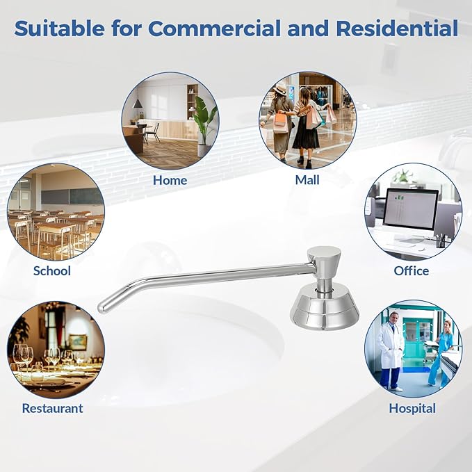 Heavy Duty Brass Countertop Liquid Soap Dispenser, Commercial Grade Top Fill Built-in Soap Dispenser with 34 oz/ 1L Bottle for Bathroom, Kitchen, Public Restroom, Chrome Finish, 6” Spout