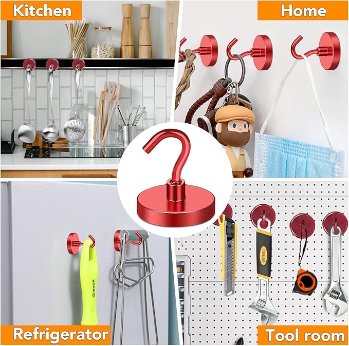 MIKEDE Magnetic Hooks Heavy Duty, 150LB Strong Magnet with Hook for Fridge, Super Neodymium Strength Industrial Hanging, Hanger Toolbox, Cruise, Grill(Red,10 Pack)