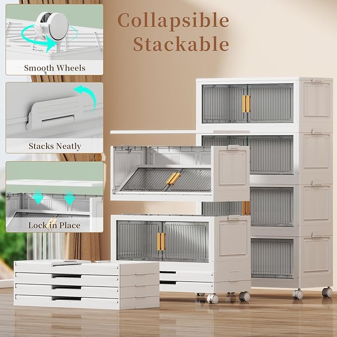 80Gal Stackable Plastic Storage Bins with Lids, Collapsible Closet Organizers and Storage with Wheels for Living Room,Office,Dorm 26.8" W x 14.4" D x 48.6" H, 4 Tier