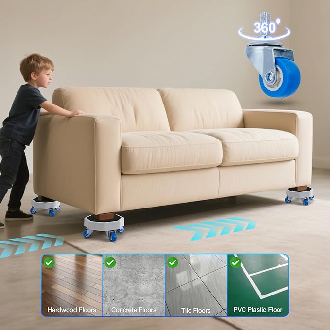 New Upgrade Furniture Sliders, Furniture Lift Heavy Duty Furniture Moving System with Roller Dolly Set Mover Tool Set750LBS- 4 Hexagonal Sliders with 4 Blue Wheels and Moving Rod