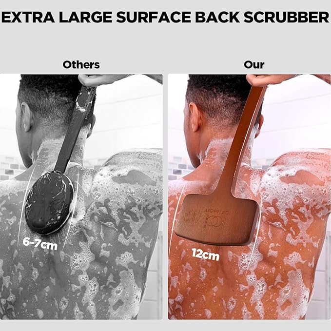 ICANdOIT Exfoliation Set-17.71 Inch Boar Bristles Back Scrubber Bath Brush,Shower Brush with No-Slip Curved Handle,Dual-Sided Face Exfoliation Glove