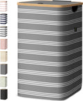 BALEINE Laundry Hamper with Lid, Tall Laundry Baskets with Bamboo Pull Handles, Large Laundry Bin with Internal Support (26 Gal/100L, Grey Pinstripe)