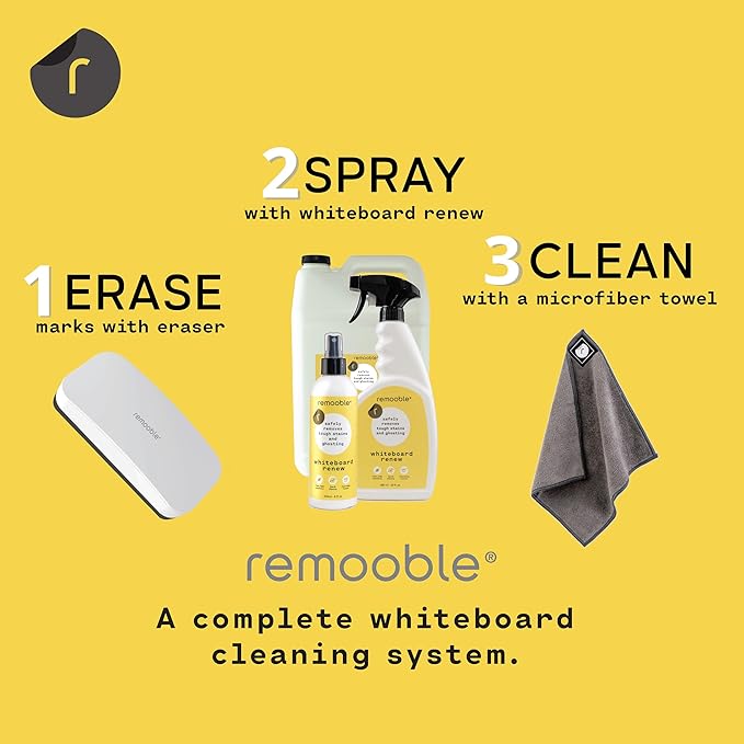Remooble Dry Erase Whiteboard Cleaner Spray & Microfiber Cleaning Cloth - Safely Removes Tough Stains and Ghosting, 8 oz.