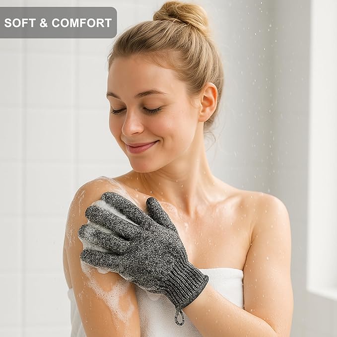 Exfoliating Gloves with Hanging Loop - 1 Pair Bamboo Charcoal Bath/Shower Gloves, Bath Gloves for Shower Exfoliating and Ingrown Hair/Dead Skin Remover - Bamboo Charcoal - Exfoliator Mitt Scrub Gloves