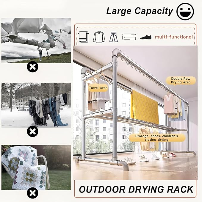 Clothes Drying Rack with Windproof Hooks, 78.7 inch Adjustable Heavy Duty Laundry Drying Rack, Free Standing Metal Clothes Rack, for Indoor Outdoor