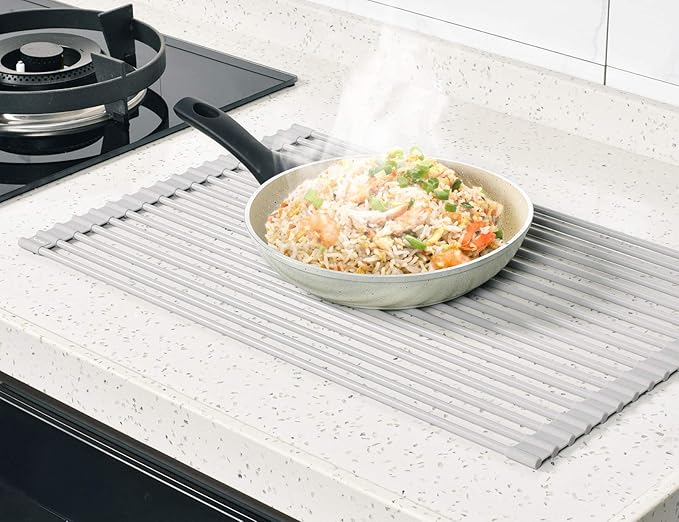 Surpahs Over Sink Foldable Multipurpose Roll-Up Dish Drying Rack, Silicone Wrapped Stainless Steel, Warm Gray, 20.5" x 13.1"