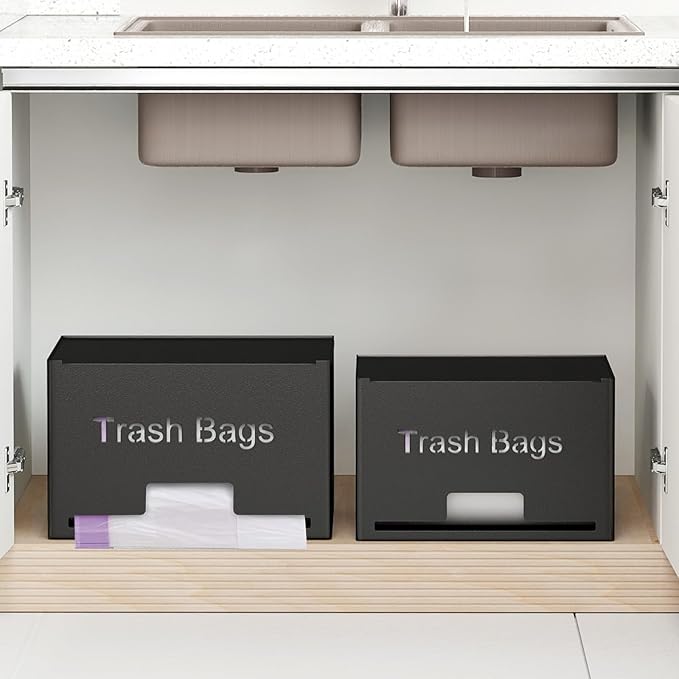 2-Pack Trash Bag Holder Dispenser, Stackable Garbage Bag Dispenser, Extra Large Trash Organizer for Kitchen Laundry Under Sink, Wall Mounted or Freestanding, Metal Black