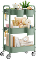YASONIC 3-Tier Rolling Cart, Green, 66 Pounds Capacity, Mesh Storage Organizer with Lockable Wheels, 3 Hanging Cups, 4 Hooks, Easy Assembly, for Kitchen, Bathroom, Laundry, Grocery