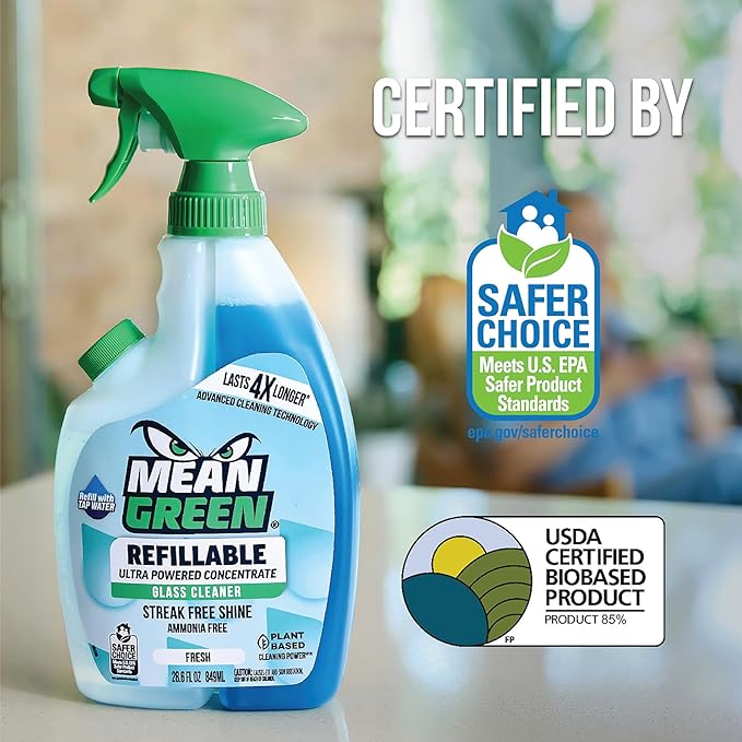 Mean Green Refillable Ultra Powered CONCENTRATE Glass Cleaner, Fresh, 14.3 Ounce 2-Pack