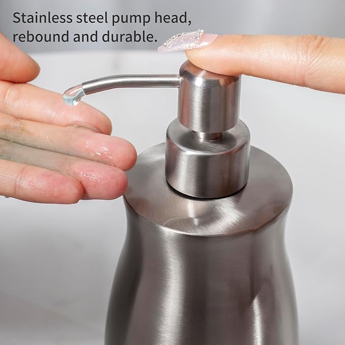 Brushed Stainless Steel Countertop Soap Dispenser Rust and Leak Resistant Hand Soap Pump with Funnel for Kitchen Countertops and Bathroom Dispensers (13.5 oz/400 ml)