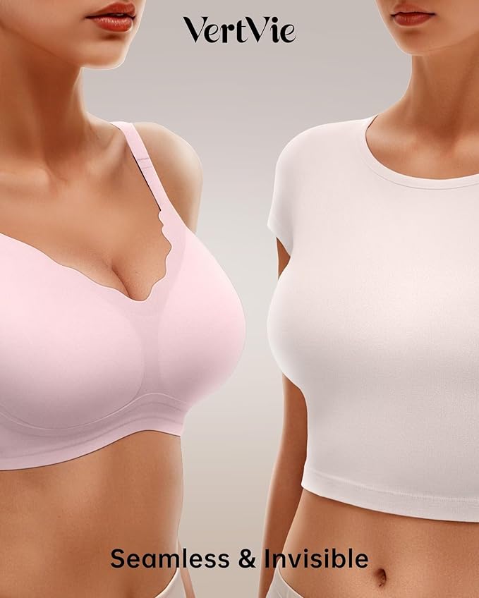 Vertvie Womens Seamless Bras No Underwire Supportive Wireless Push Up Full Coverage Bralette Comfort Scalloped T-Shirt Bra