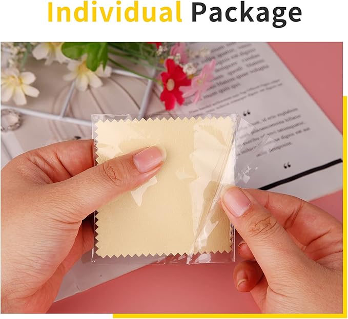 CATIFLIN 100pcs Premium Jewelry Cleaning Cloth, Silver Polishing Cloth Individually Wrapped, for Sterling Silver, Gold, Brass, Silverware, Coin, Ring, Watch and More (Yellow, 3.15" x 3.15")