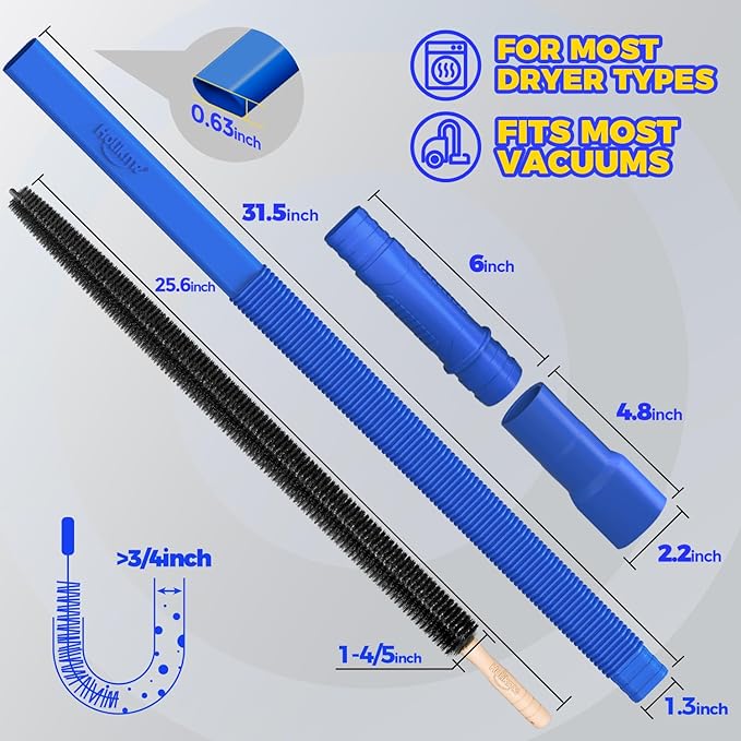 Holikme 2 Pieces Dryer Vent Cleaner Kit, Dryer Lint Vacuum Attachment and Flexible Dryer Lint Brush, Dryer Vent Vacuum Hose Attachment,Dark Blue