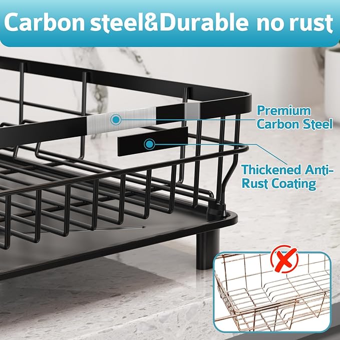 Dish Drying Rack - Space Saving Dish Rack - Dish Racks for Kitchen Counter with Drainboard,Rustproof Dish Drainer with Removable Utensil Holder,Black