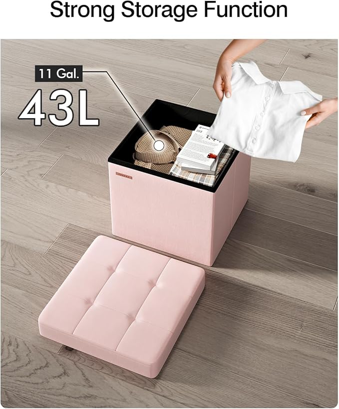Folding Storage Ottoman, Velvet Storage Bench, Footrest, Footstool, for Living Room, Bedroom and Office,15 x 15 x 15 Inches, 300 kg Load Capacity,Jelly Pink,UASND04P