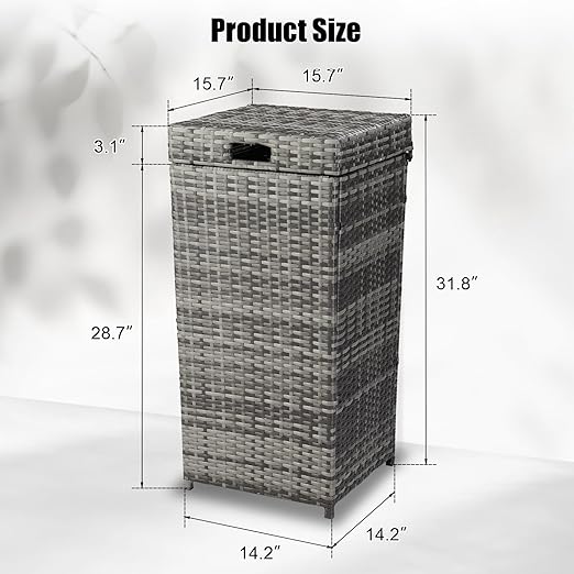 VINGLI Wicker Patio Trash Can, 27 Gallon Rattan Trash Can with Removable Lid, Outdoor Wicker Waste Basket, Wast Container (Grey)