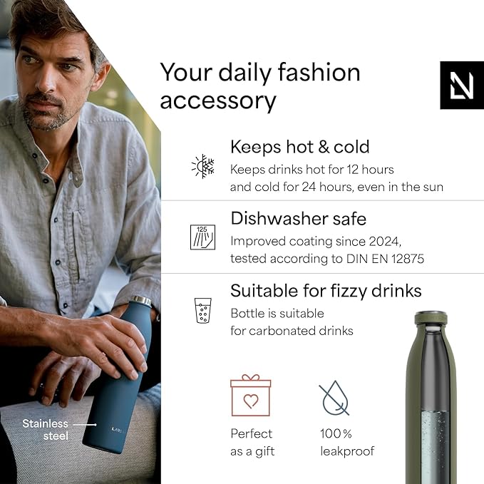LARS NYSØM Stainless Steel Insulated Water Bottle 12oz 17oz 25oz 34oz 51oz | Insulated Thermo Flask for Hot and Cold Beverages | Leakproof Drinking Bottle (Olive Green, 33.9 oz)