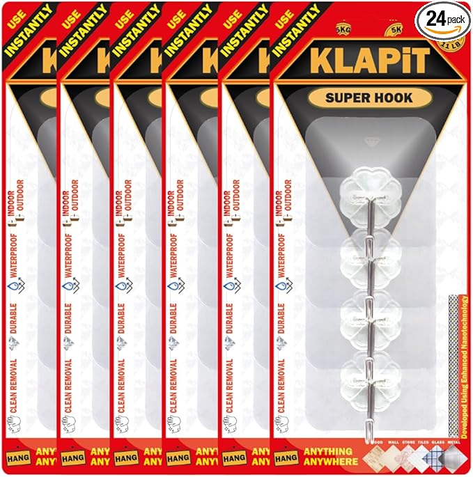 KLAPiT Super Hook - Heavy-Duty Adhesive Wall Hooks, Holds Up to 11 lbs, Waterproof, No Damage, Easy Install on Tile, Wood, Stone, Glass & Metal - Made of Steel (Clear, 24pc)