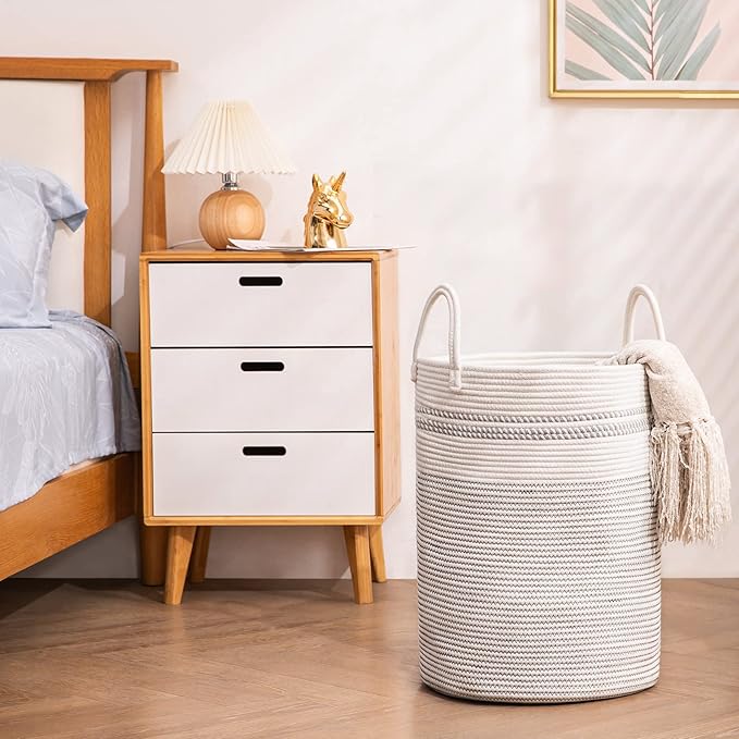 YOUDENOVA Woven Rope Laundry Hamper Basket, 58L Tall Luandry Basket, Baby Nursery Hamper for Blanket Storage, Clothes Hamper for Laundry in Bedroom-Large-Stripe White