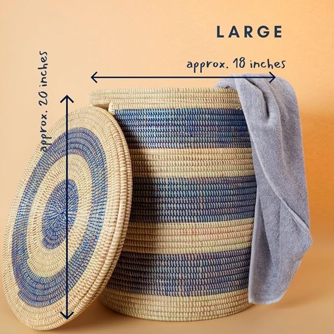 Storage & Organization - Laundry Basket, Bedroom Hamper, Nursery Toys Bin, Living Room Blankets Storage, Decorative, Wicker, Sturdy, Round, Handles, Woven, Blue Beige (Small)