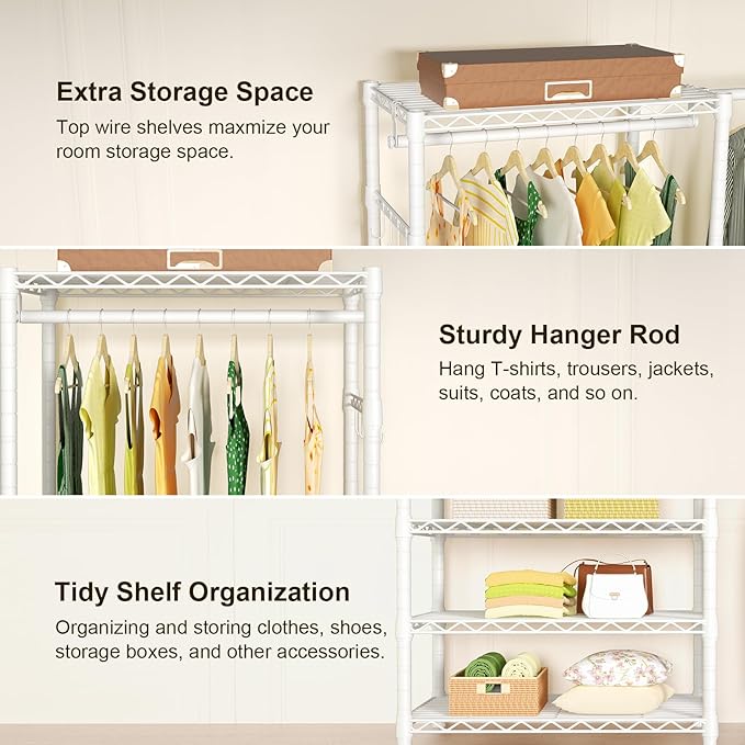 Ulif E1 Heavy Duty Closet Garment Rack, 6 Tiers Adjustable Metal Freestanding Expandable Clothing Storage with 4 Hanger Rods, Easy to Assemble Wardrobe, 71.4" H x (70" - 88.2") L x 14" D, White