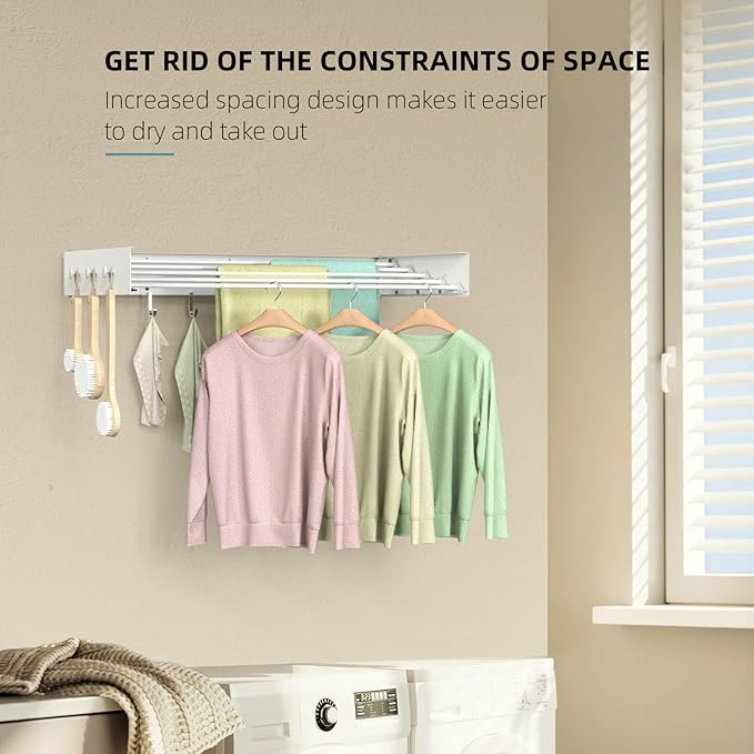Drying Rack Clothing,Clothes Drying Rack Wall Mounted,Laundry Drying Rack Wall Mount,Foldable,Collapsible,60 lb Capacity 5 Aluminium Poles with 12 Hooks,Space Saving Clothes Drying Rack,White 40"