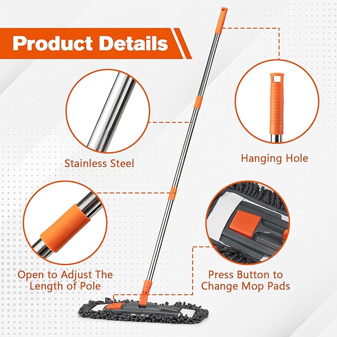 Dust Mop for Floor Cleaning with 3 Washable Pads (Chenille, Terry Cloth, Microfiber) and 55” Long Stainless Steel Handle,Microfiber Mop for Hardwood Floors, Tile, Marble Floors