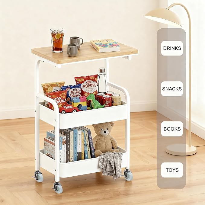 Rolling Cart with Wooden Tabletop 3-Tier Metal Utility Rolling Cart Storage Organizer with Lockable Wheels for Kitchen, Office, Bedroom